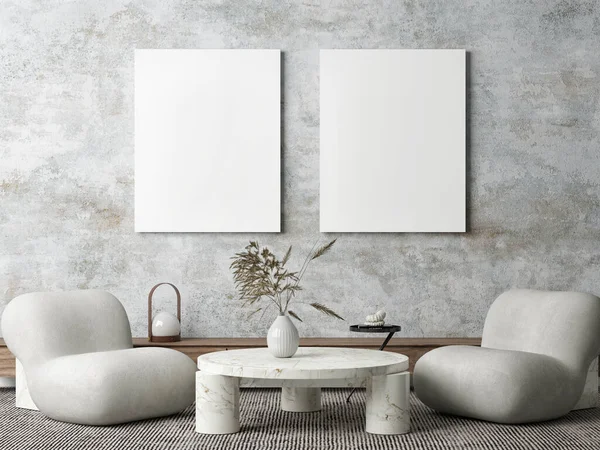 Contemporary Classic Beige Interior Furniture Mock Poster Concrete Wall Background — Fotografia de Stock