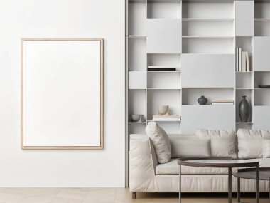 Beyaz boş posterli modern oturma odası tasarımı, modelleme, 3D illüstrasyon.