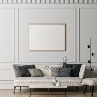 White living room with mock up poster on background wall, 3d illustration