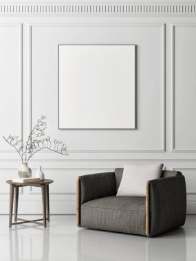 Mock up poster in classic interior design living room, white background, 3d illustration 
