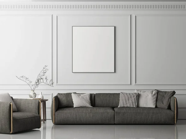 Mock up poster in classic interior design living room, white background, 3d illustration