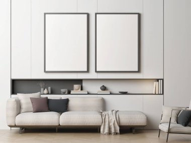 Beyaz duvarda boş posterler, modern iç tasarım, 3 boyutlu çizim, 3 boyutlu illüstrasyon.
