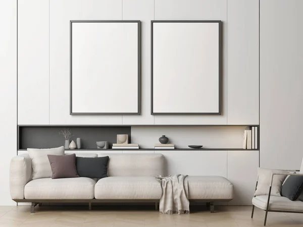 Blank Posters White Wall Modern Interior Design Render Illustration — Stock Photo, Image