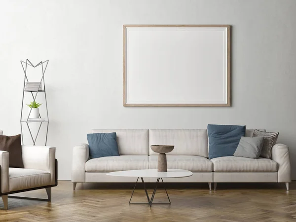 Living room with empty frame.Mock up poster for presentation, 3d illustration, 3d render