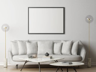 Sofa with pillows, mock up poster in living room design, 3d illustration.
