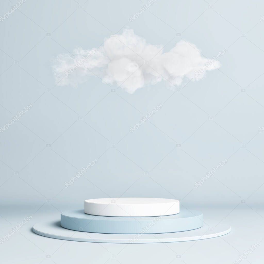 3D mock up podium with  in the clouds or haze. Bright abstract background in mid century style for product or cosmetics presentation. 3d render, 3d illustration.