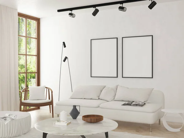 Leere Poster Weißen Wohnzimmer Bequeme Möbel Weißer Hintergrund Illustration Stockfoto