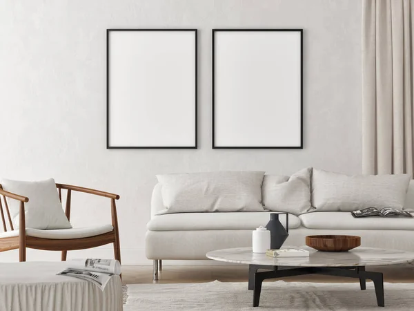 Leere Poster Weißen Wohnzimmer Bequeme Möbel Weißer Hintergrund Illustration Stockbild