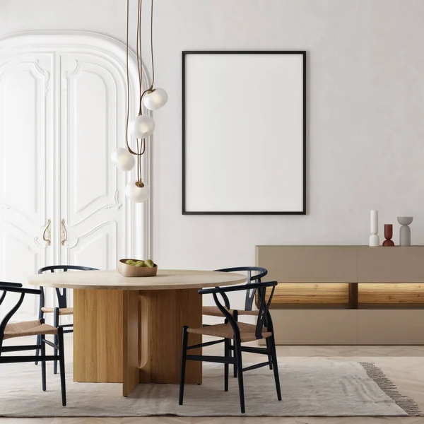 Elegante Komposition Aus Stilvollem Esszimmer Interieur Mit Attrappen Beigem Sideboard — Stockfoto