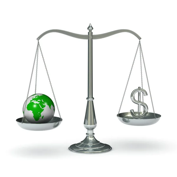 Escalas com símbolo de dólar e Terra — Fotografia de Stock