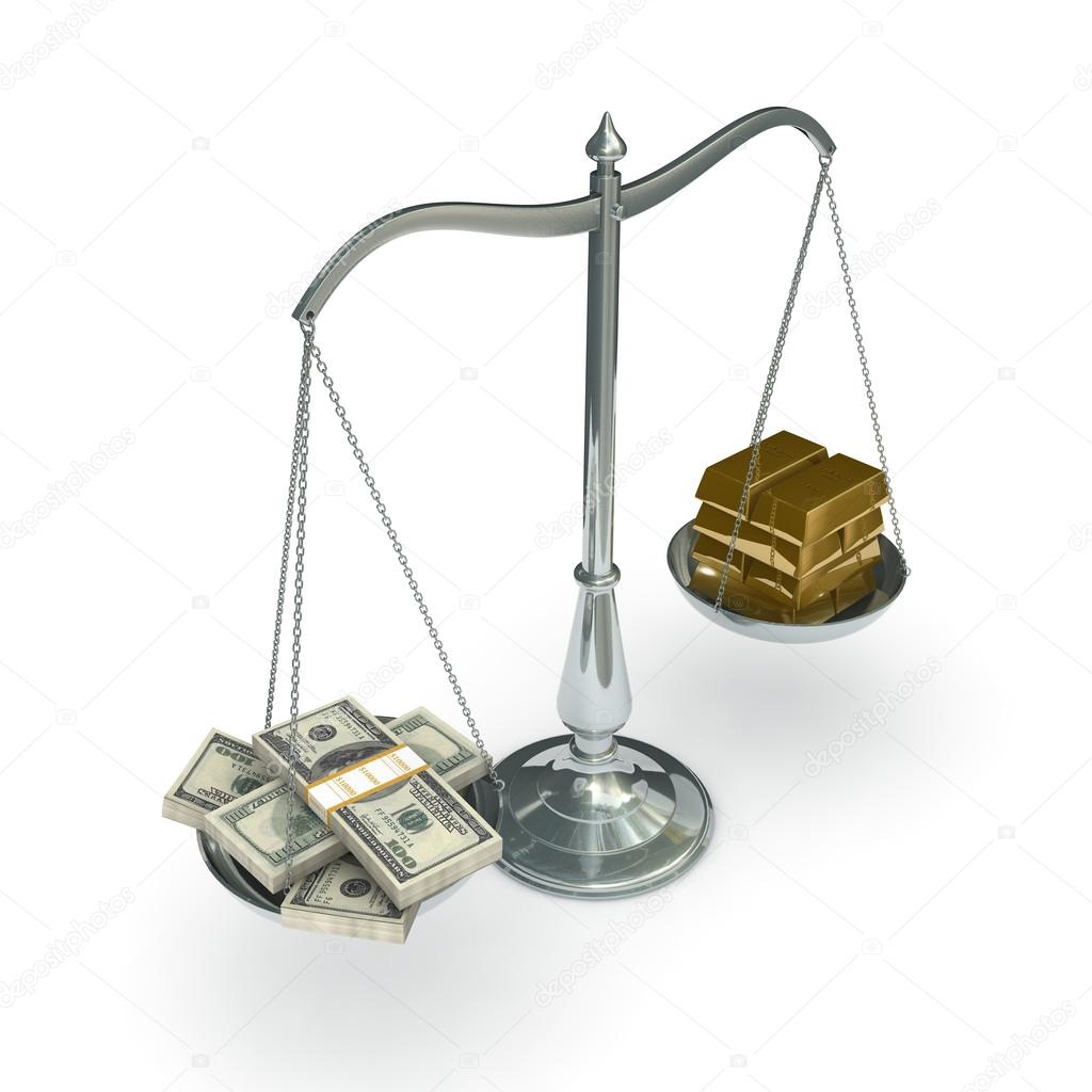 Scales with dollars and gold bars