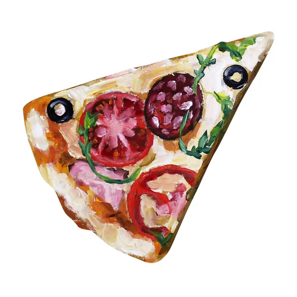 Beyaz arka planda pizza yağlı boya boya, tuvalde boya.