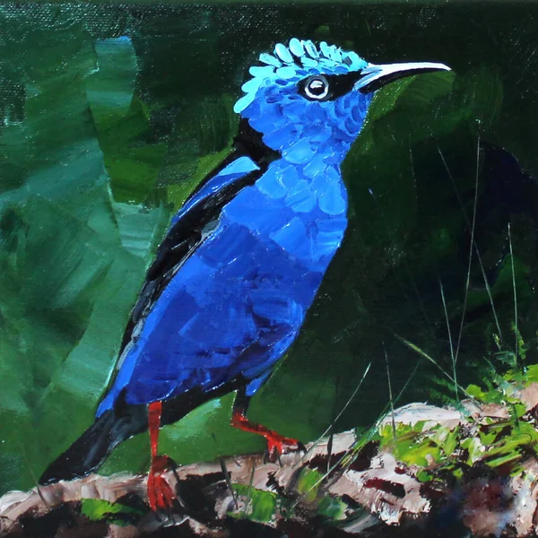 青い鳥の油絵 キャンバス上の印刷 鳥は枝に座っている — ストック写真