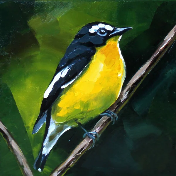黄色の鳥の油絵 キャンバス上の印刷 鳥の枝に座っている — ストック写真