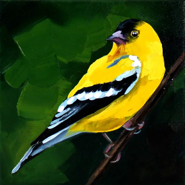 黄色の鳥の油絵 キャンバス上の印刷 鳥の枝に座っている — ストック写真