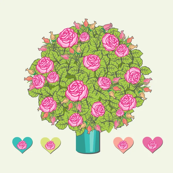 Carte de buisson rose avec des coeurs — Image vectorielle