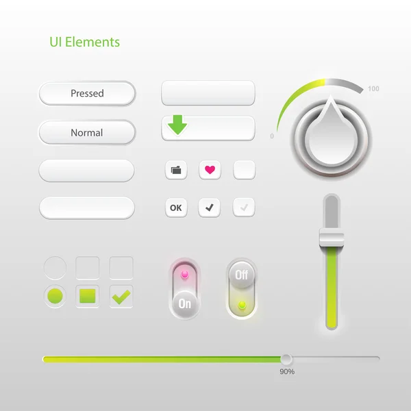 User interface elements: Buttons, Switchers, On, Off, Player, Audio, Video — Stock Vector