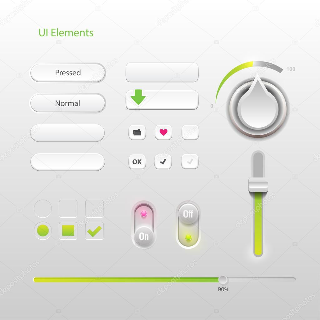 User interface elements: Buttons, Switchers, On, Off, Player, Audio, Video