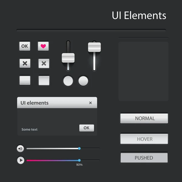 User interface elements: Buttons, Switchers, On, Off, Player, Audio, Video — Stock Vector