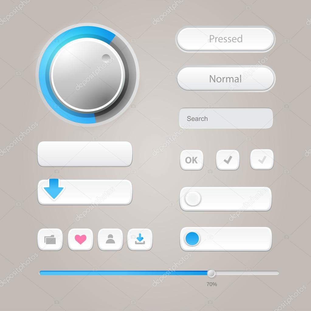 User interface elements: Buttons, Switchers, On, Off, Player, Audio, Video