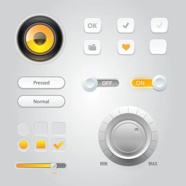 ユーザ インタ フェース要素: ボタン、スイッチャー、オフ、プレーヤー、オーディオ、ビデオ — ストックベクタ