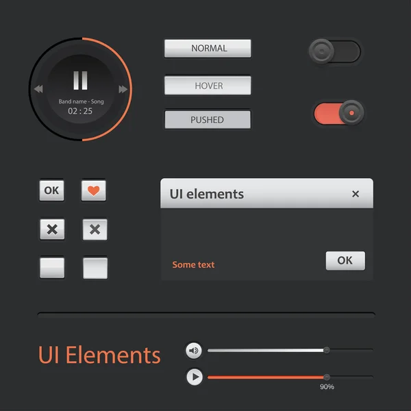 Elementi dell'interfaccia utente: Pulsanti, Commutatori, On, Off, Player, Audio, Video — Vettoriale Stock