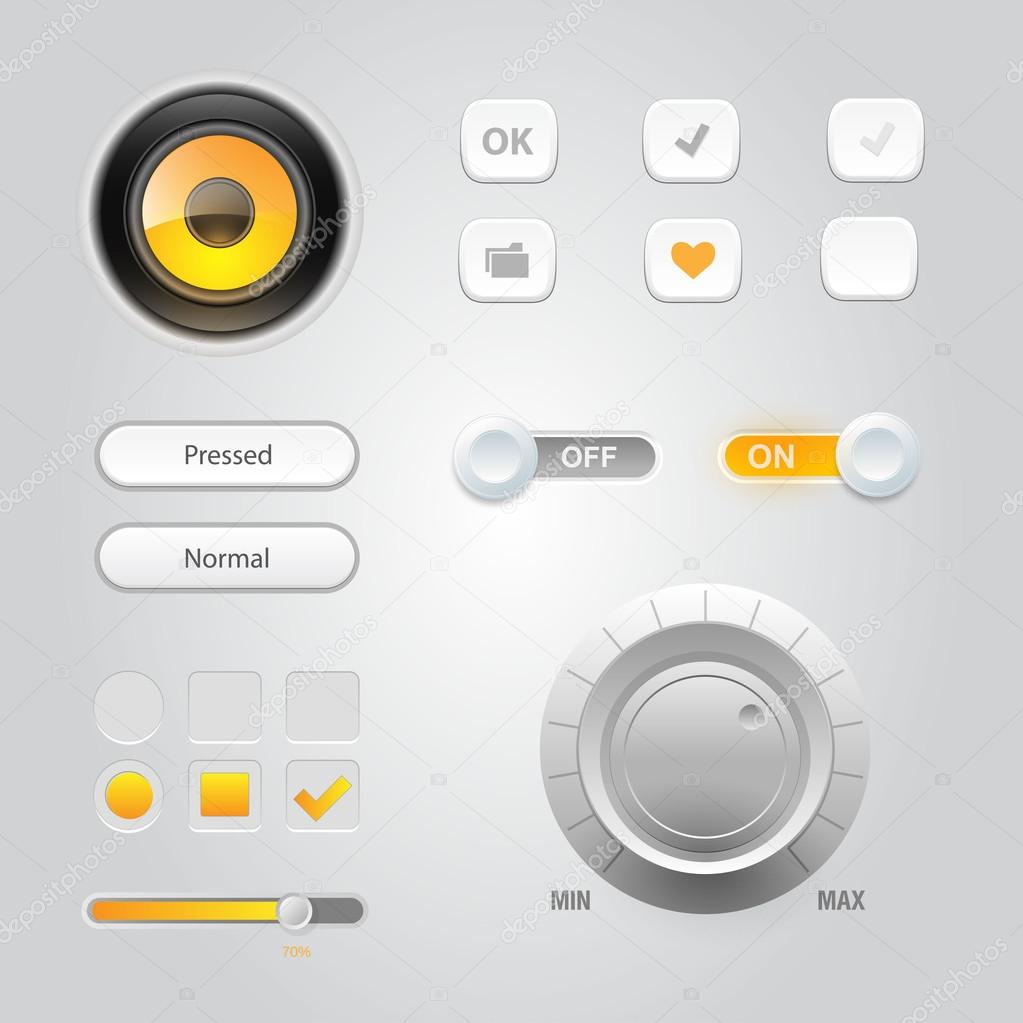 User interface elements: Buttons, Switchers, On, Off, Player, Audio, Video