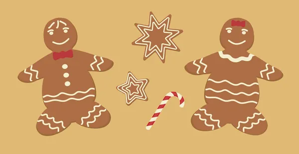 Boże Narodzenie Pierniki Mężczyźni Gwiazdy Paski Trzciny Cukrowej — Wektor stockowy