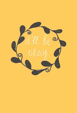 Beyaz yazı, turuncu arka planda soyut siyah yapraklardan oluşan yuvarlak bir çerçeveyle elle yazılmış.