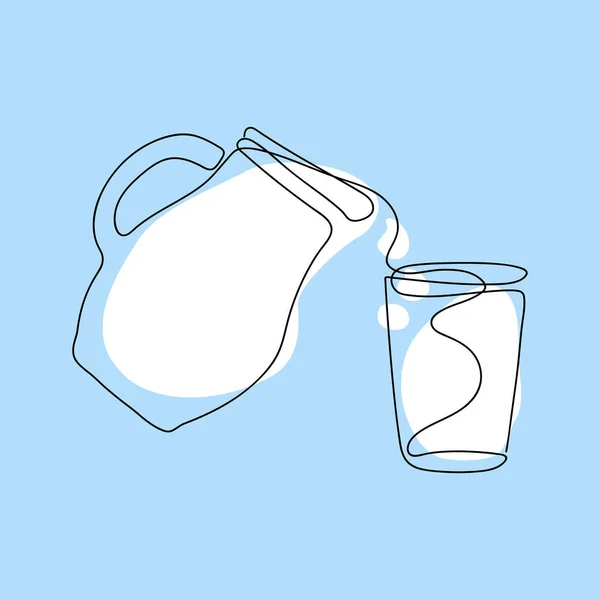 用一根连续的线画出一个水壶 在蓝色背景的白色抽象点的背景下 牛奶从水壶中倒入杯子 — 图库矢量图片