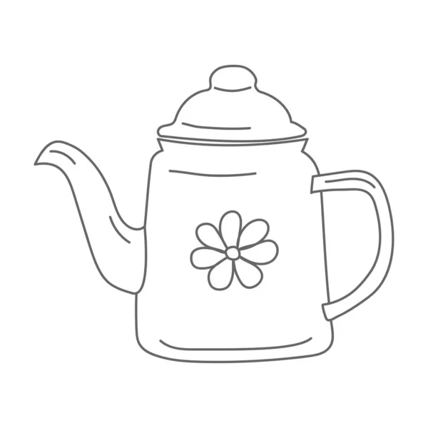 white teapot with a lid with a flower on its side drawn in doodle style on a white background coloring page