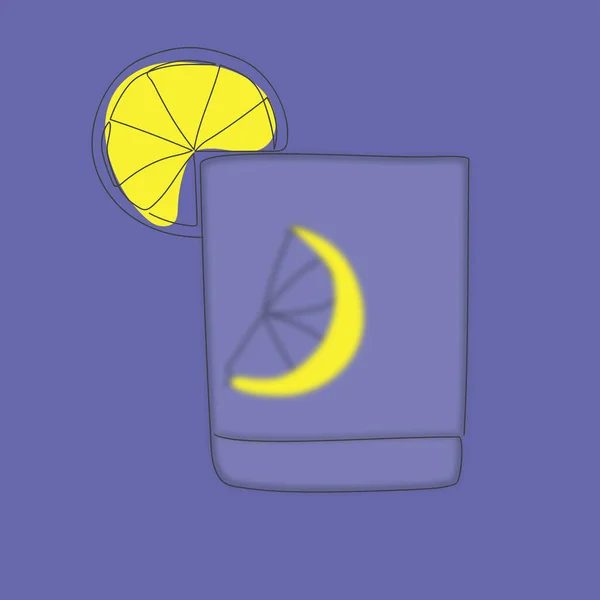 ガラスの内側と上部にレモンのにじんだスライスを持つガラスは紫色の背景に濃い線で描かれています — ストック写真
