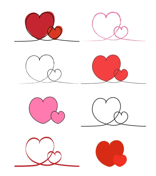 手の白の背景に孤立8つの心のセットを描いた 落書きスケッチスタイル 異なるサイズと赤とピンクの色の2つの心のシンプルなアイコンを連続線画 分離ベクトル図 — ストックベクタ