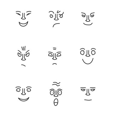 Dokuz farklı duygu, beyaz bir arkaplanda karalama tarzında basit siyah bir çizgi ile çizilir. vektör şablonları
