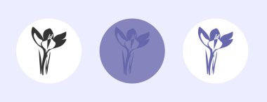 Yuvarlak çerçeveli üç krokus çiçeği karalama stilinde sürekli bir çizgi çizer. Bir tanesi siyah ve beyaz, ikisi de çok renkli. Çizgi, özet