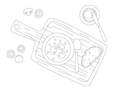 Kasede bir kaşık mantar çorbası ve bir parça tereyağlı ekmek tereyağı ve bıçaklı bir tabağın yanında. Karalama stilinde basit bir vektör çizimi. Beyaz arkaplan üzerine boyama kitabı