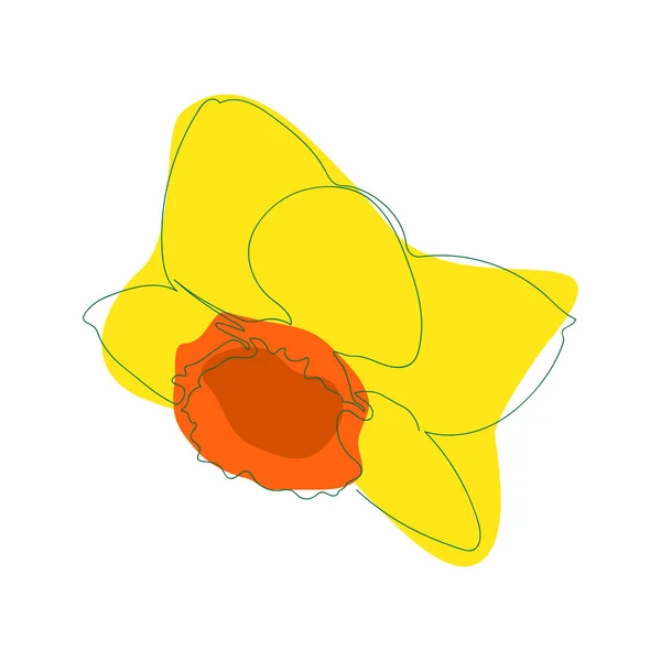 Желтый Нарцисс Нарисованный Одной Сплошной Сплошной Линией Фоне Абстрактных Оранжевых — стоковый вектор
