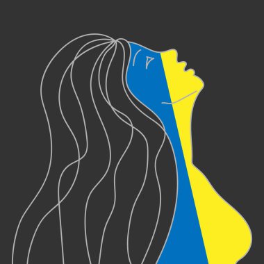 Ukrayna bayrağının sarı ve mavi renkleriyle boyanıp yardım isteyen bir kızın silueti siyah bir arkaplanda gri bir çizgiyle çizildi. satır sanatı