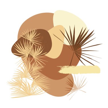 Geometrik yumurtalıkların, canavarların ve kuru palmiye yaprağının kahverengi kompozisyonu.