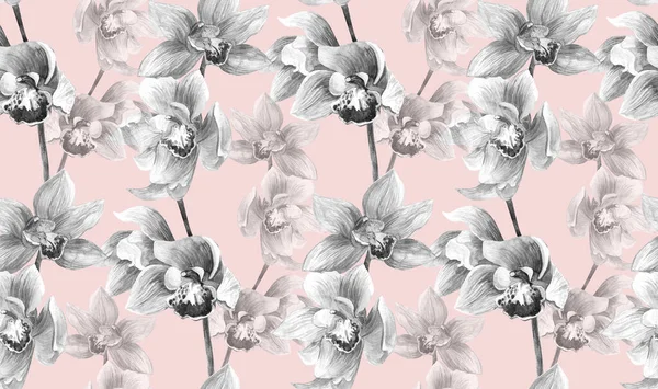 Naadloos textiel patroon met zwart-wit orchideeën op een delicate achtergrond — Stockfoto