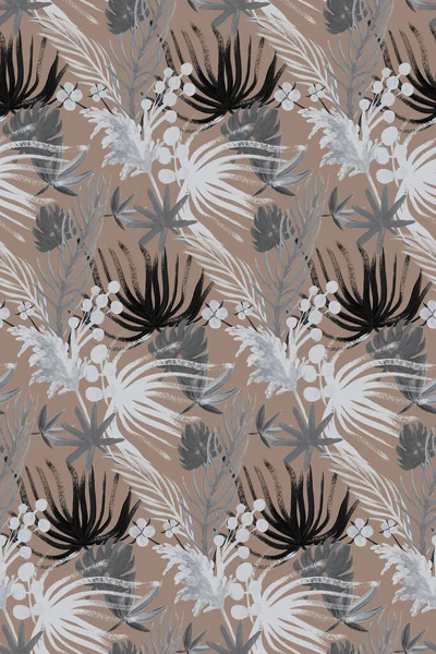 monochrome seamless pattern with tropical dried plant painted with gouache on brown background