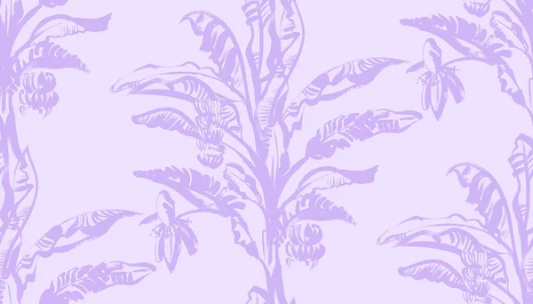 Fioletowy letni bezszwowy wzór z bananową dłonią z tropikalnymi liśćmi narysowanymi suchą szczotką — Zdjęcie stockowe