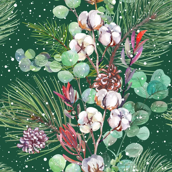 Рождественский бесшовный узор, раскрашенный в акварель еловыми ветвями и зимними сушеными цветами и снегом — стоковое фото