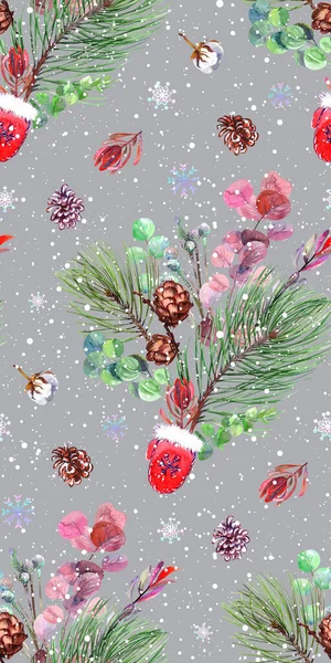Acquerello Natale modello senza soluzione di continuità con bouquet invernale e fiori secchi su sfondo grigio — Foto Stock