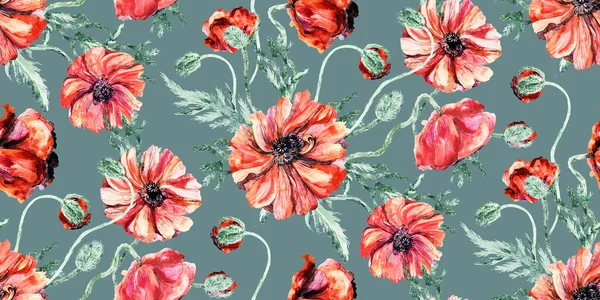 Seamless watercolor summer with red poppies on a dark green background — Stock Photo, Image