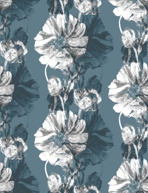 Gri arka planda beyaz gelincikler ile dikey gri renksiz suluboya deseni