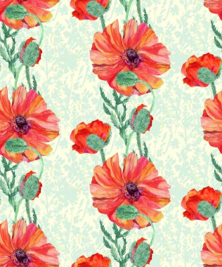 Küçük kır çiçeklerinin arka planında kırmızı gelincikler olan dikey sulu boya deseni