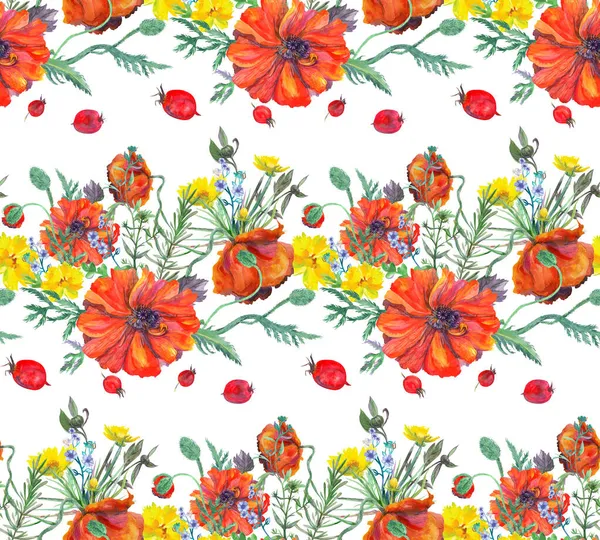 Безшовний акварельний літній візерунок з дикими квітами та червоними маками на білому тлі — стокове фото