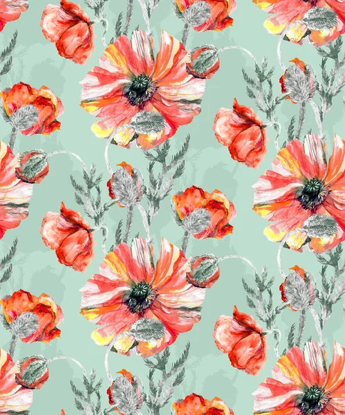 Seamless floral watercolor pattern with large realistic red poppies on a green background — Stock Photo, Image