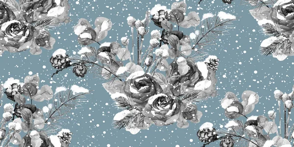 Jul svart och vit sömlös mönster målade i akvarell med gran grenar och vinter torkade blommor — Stockfoto